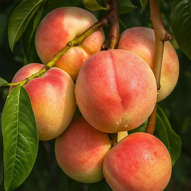 Ripe Arctic Fantasy Nectarines on a branch with green leaves Sold by Paradise Nursery